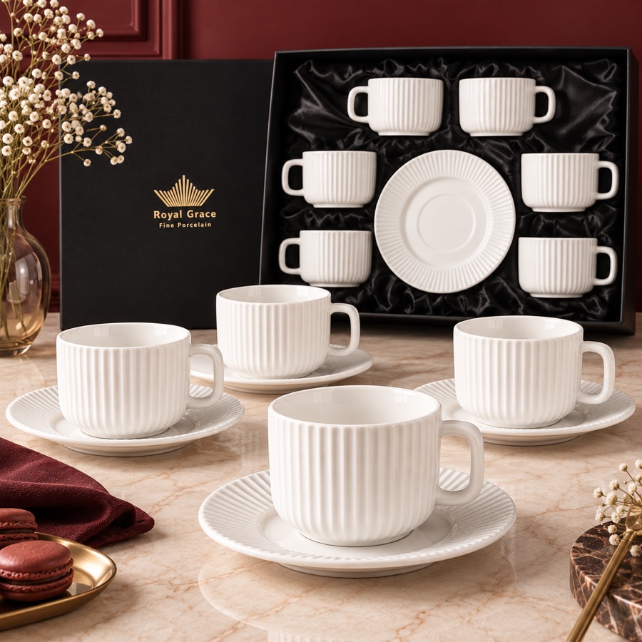 Чайний сервіз Royal Grace Fine Porcelain — чашки з блюдцями та фірмова коробка з золотою короною